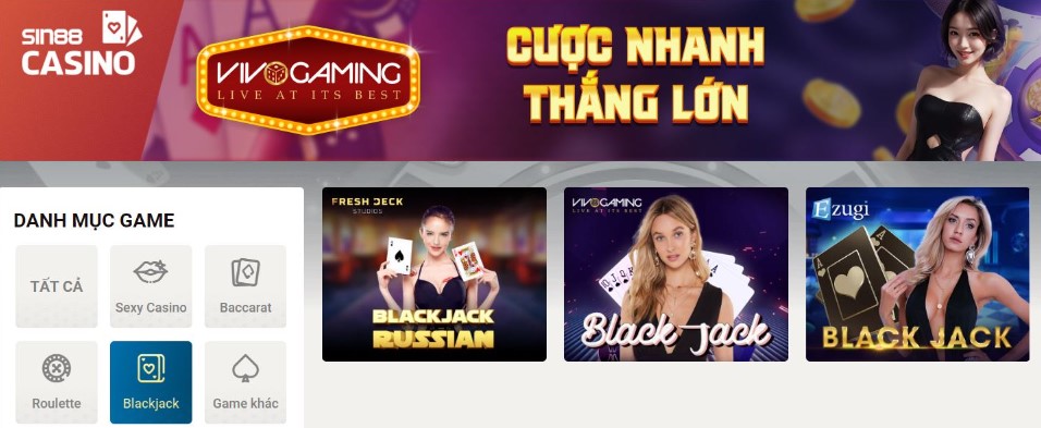 trò chơi black jack tại nhà cái sin88